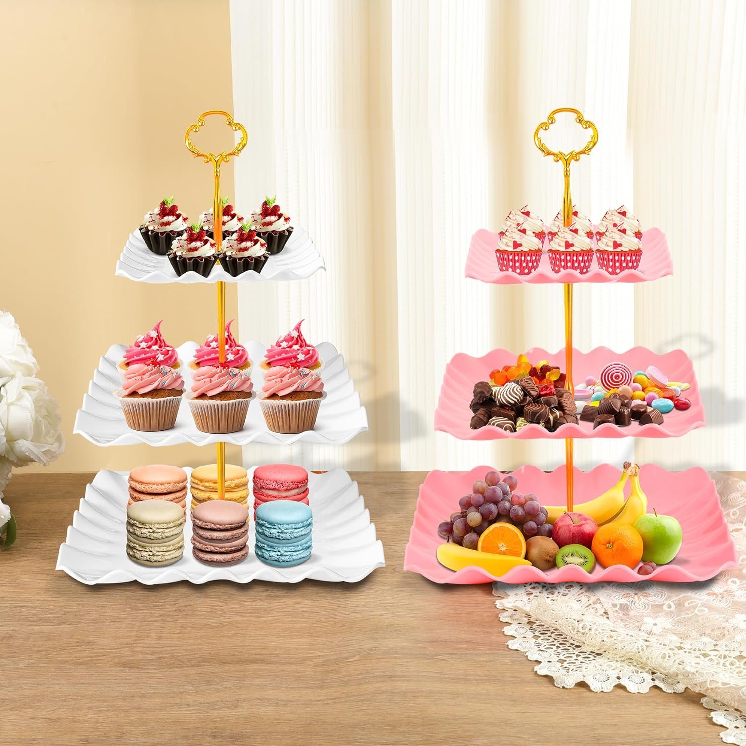 Wholesale 10 Pack Dessert Table Display Set 4 x Three-Tier Square Cupcake Stands 6 x Serving Trays Elegant Tableware for Cakes Cupcakes Pastries Snacks Parties White Supplier