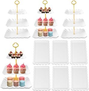 DIDROOM 10 Pack Dessert Table Display Set - 4 x Three-Tier Square Cupcake Stands and 6 x Serving Trays, Elegant Tableware for Cakes, Cupcakes, Pastries, and Snacks, Perfect for Parties (White)