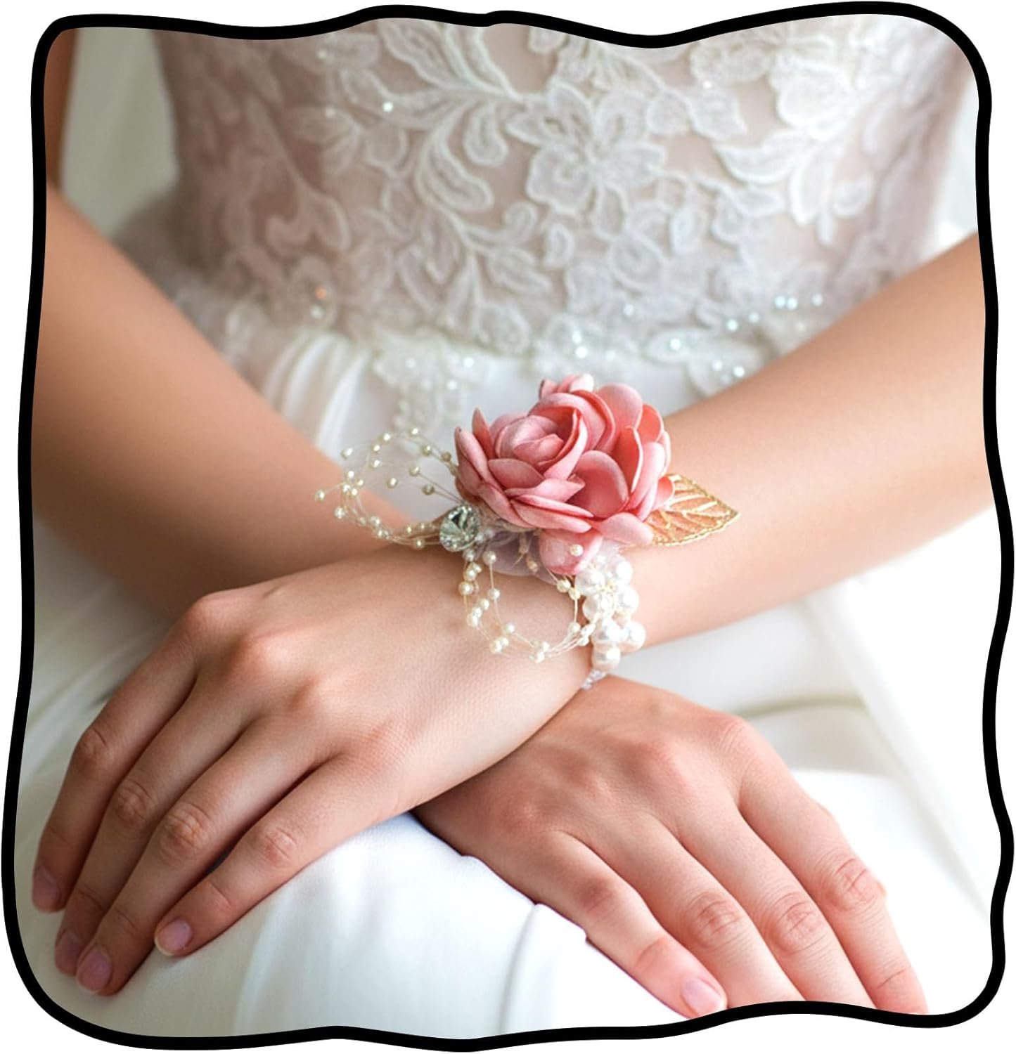 Fstrend Pink Satin Rose Bridal Wrist Corsage with Pearl Beads and Rhinestones, Elegant Wedding Flower Bracelet for Bridesmaids and Prom