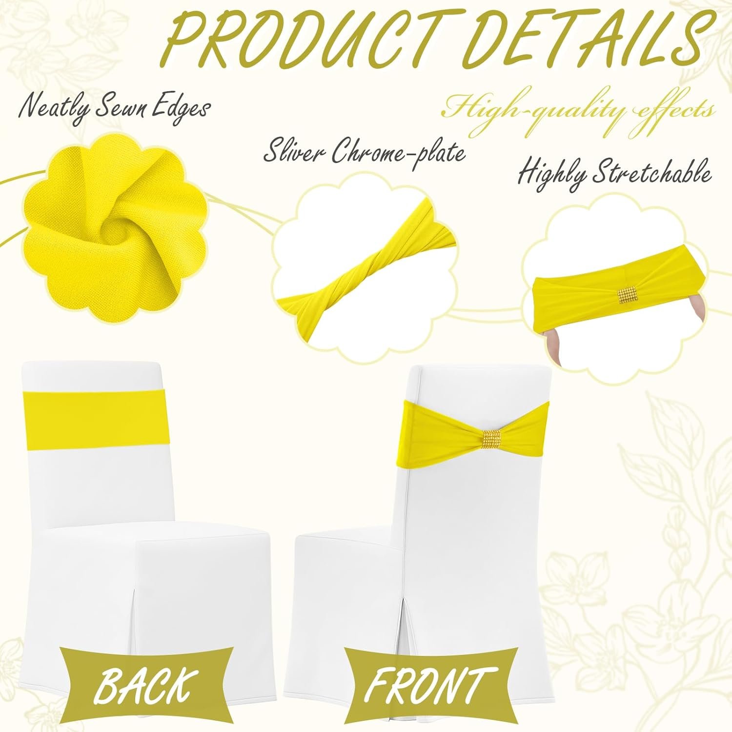 Wholesale 100 Pcs Spandex Chair Sashes Bows with Rhinestone Ring Buckle Slider Elastic Universal Bowknot Ties for Wedding Banquet Ceremony Event Party Decoration Lemon Yellow Supplier