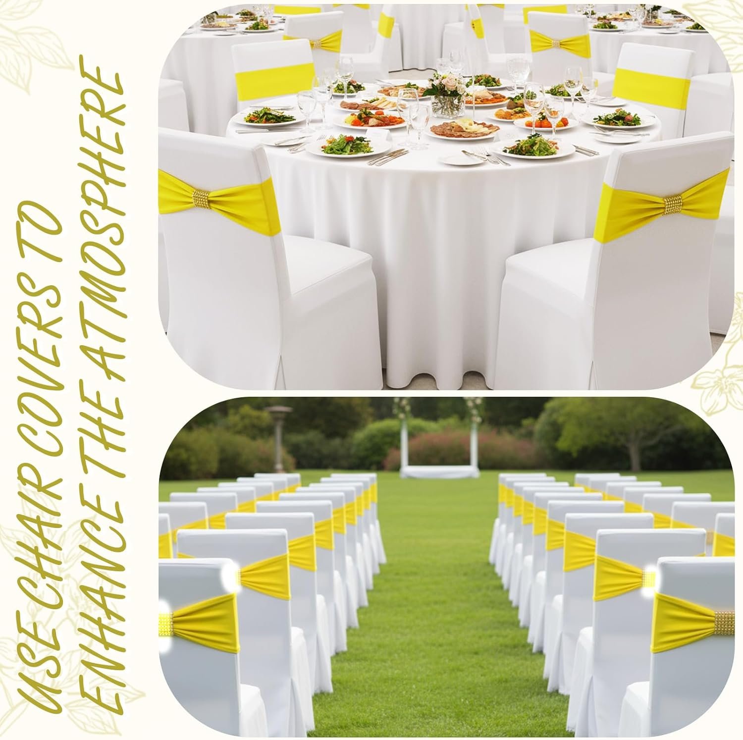 Wholesale 100 Pcs Spandex Chair Sashes Bows with Rhinestone Ring Buckle Slider Elastic Universal Bowknot Ties for Wedding Banquet Ceremony Event Party Decoration Lemon Yellow Supplier