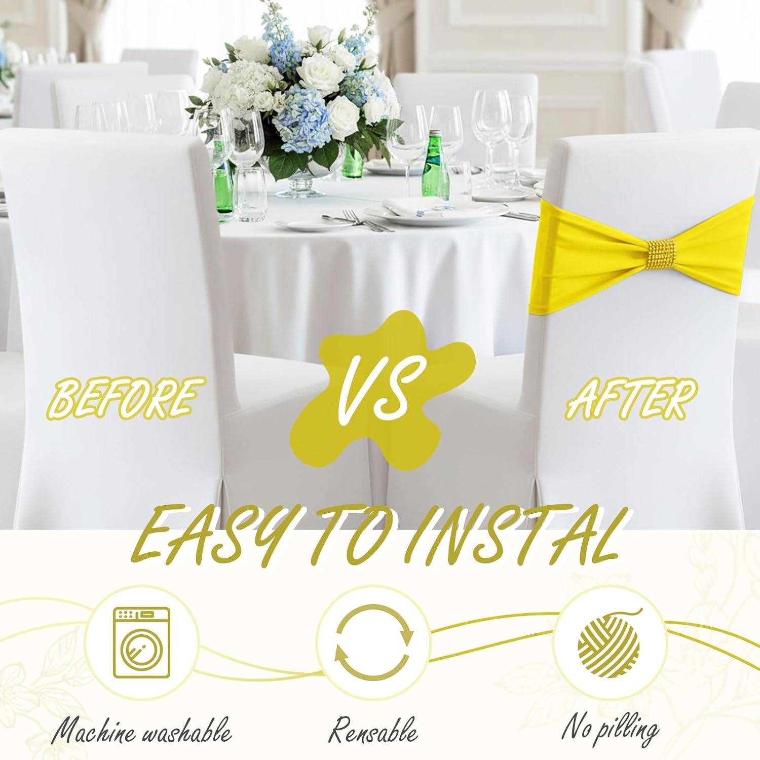 Wholesale 100 Pcs Spandex Chair Sashes Bows with Rhinestone Ring Buckle Slider Elastic Universal Bowknot Ties for Wedding Banquet Ceremony Event Party Decoration Lemon Yellow Supplier