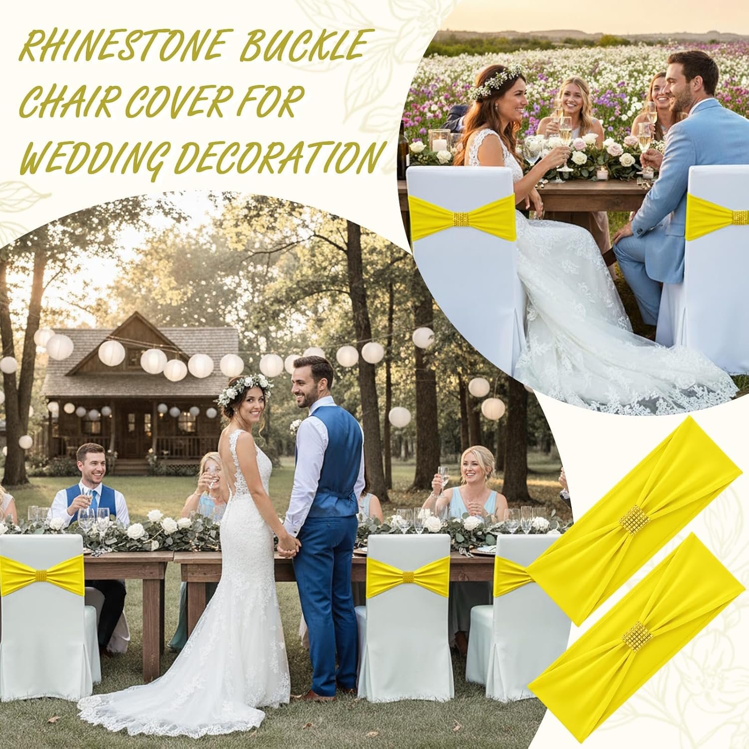 Wholesale 100 Pcs Spandex Chair Sashes Bows with Rhinestone Ring Buckle Slider Elastic Universal Bowknot Ties for Wedding Banquet Ceremony Event Party Decoration Lemon Yellow Supplier