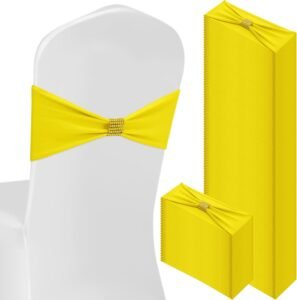 100 Pcs Spandex Chair Sashes Bows with Rhinestone Ring Buckle Slider Elastic Universal Bowknot Chair Cover Bands Ties for Wedding Banquet Ceremony Event Party Decoration(Lemon Yellow)
