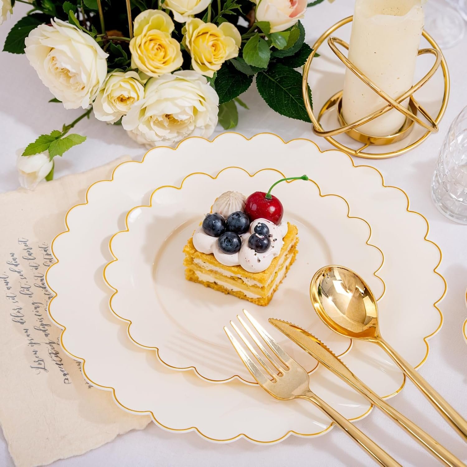 Wholesale 210 Pcs Ivory Scalloped Plastic Plates Disposable Dinnerware Set Cream Gold Includes Plates Gold Silverware Napkins Cups for Birthday Valentine's Day 30 Guests Supplier Wholesale 210 Pcs Ivory Scalloped Plastic Plates Disposable Dinnerware Set Cream Gold Includes Plates Gold Silverware Napkins Cups for Birthday Valentine's Day 30 Guests Supplier