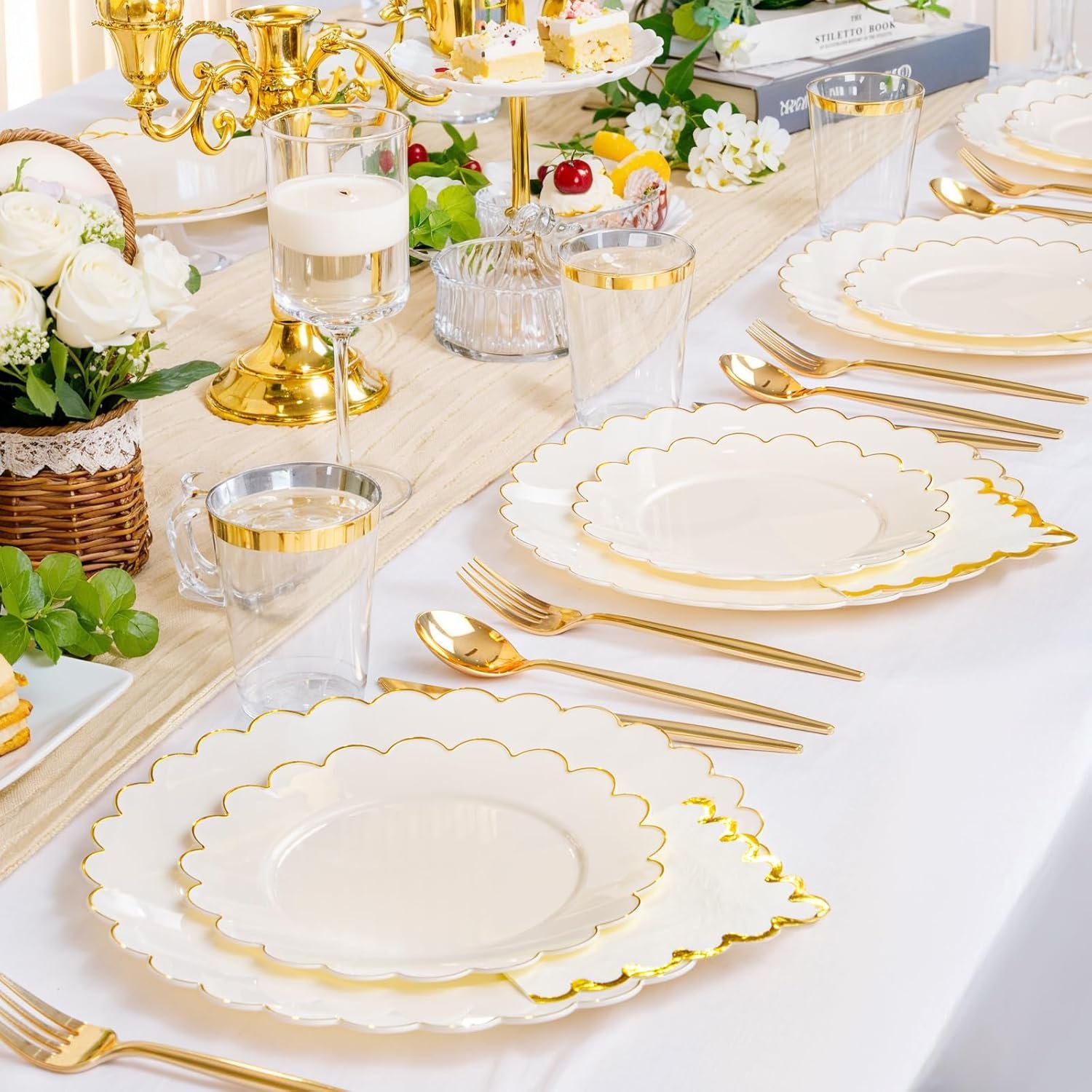 Wholesale 210 Pcs Ivory Scalloped Plastic Plates Disposable Dinnerware Set Cream Gold Includes Plates Gold Silverware Napkins Cups for Birthday Valentine's Day 30 Guests Supplier Wholesale 210 Pcs Ivory Scalloped Plastic Plates Disposable Dinnerware Set Cream Gold Includes Plates Gold Silverware Napkins Cups for Birthday Valentine's Day 30 Guests Supplier
