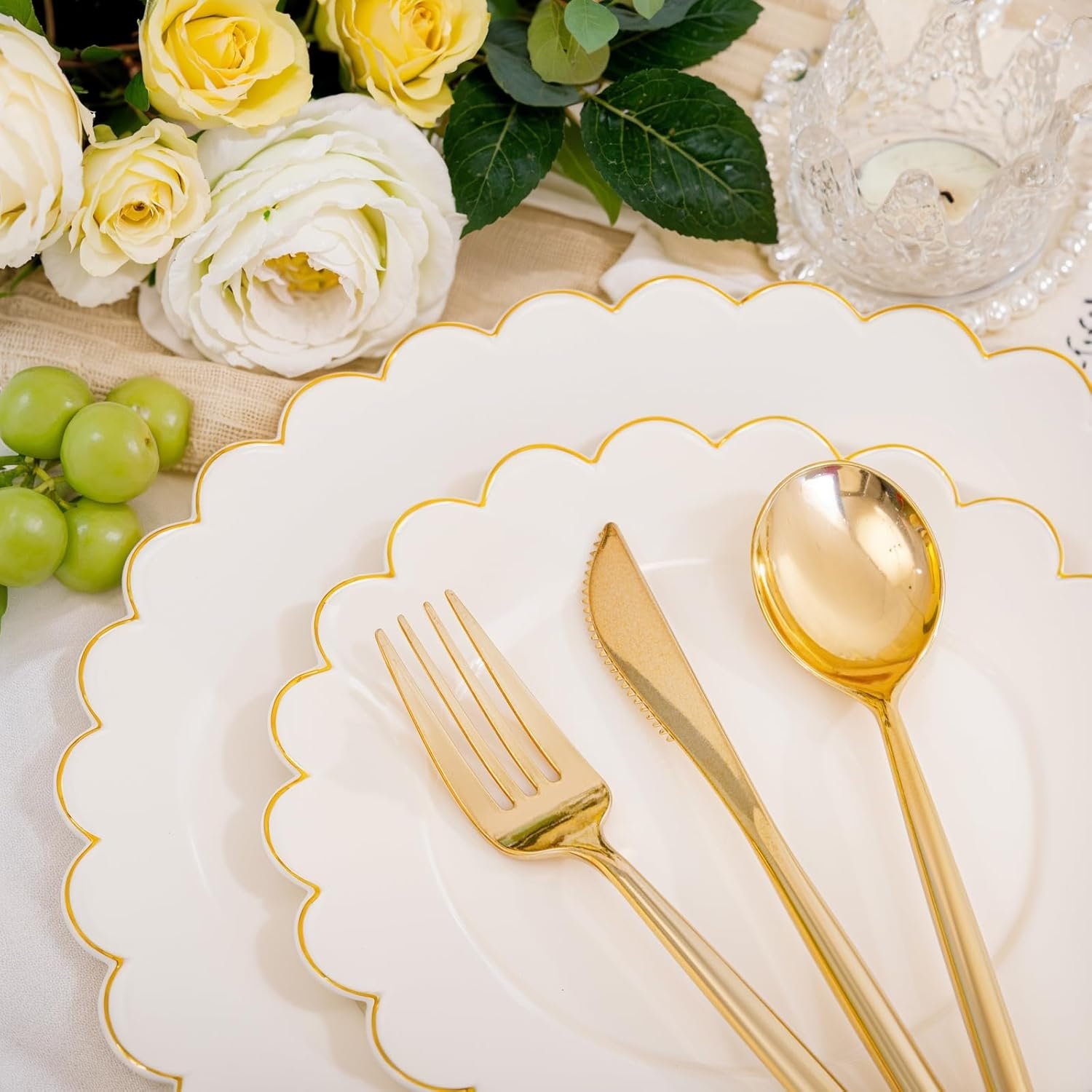 Wholesale 210 Pcs Ivory Scalloped Plastic Plates Disposable Dinnerware Set Cream Gold Includes Plates Gold Silverware Napkins Cups for Birthday Valentine's Day 30 Guests Supplier Wholesale 210 Pcs Ivory Scalloped Plastic Plates Disposable Dinnerware Set Cream Gold Includes Plates Gold Silverware Napkins Cups for Birthday Valentine's Day 30 Guests Supplier