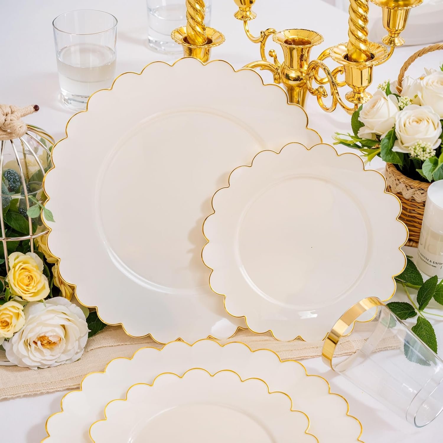 Wholesale 210 Pcs Ivory Scalloped Plastic Plates Disposable Dinnerware Set Cream Gold Includes Plates Gold Silverware Napkins Cups for Birthday Valentine's Day 30 Guests Supplier Wholesale 210 Pcs Ivory Scalloped Plastic Plates Disposable Dinnerware Set Cream Gold Includes Plates Gold Silverware Napkins Cups for Birthday Valentine's Day 30 Guests Supplier