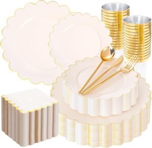 LIYH 210 Pcs Ivory Plastic Plates Scalloped Plastic Plates Disposable Dinnerware Set Cream Gold Scalloped Plate Include Plate Gold Silverware Napkins Cup for Birthday Valentine's Day 30 Guests