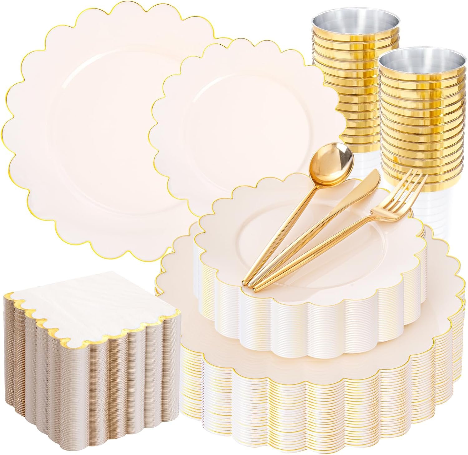 LIYH 210 Pcs Ivory Plastic Plates Scalloped Plastic Plates Disposable Dinnerware Set Cream Gold Scalloped Plate Include Plate Gold Silverware Napkins Cup for Birthday Valentine's Day 30 Guests