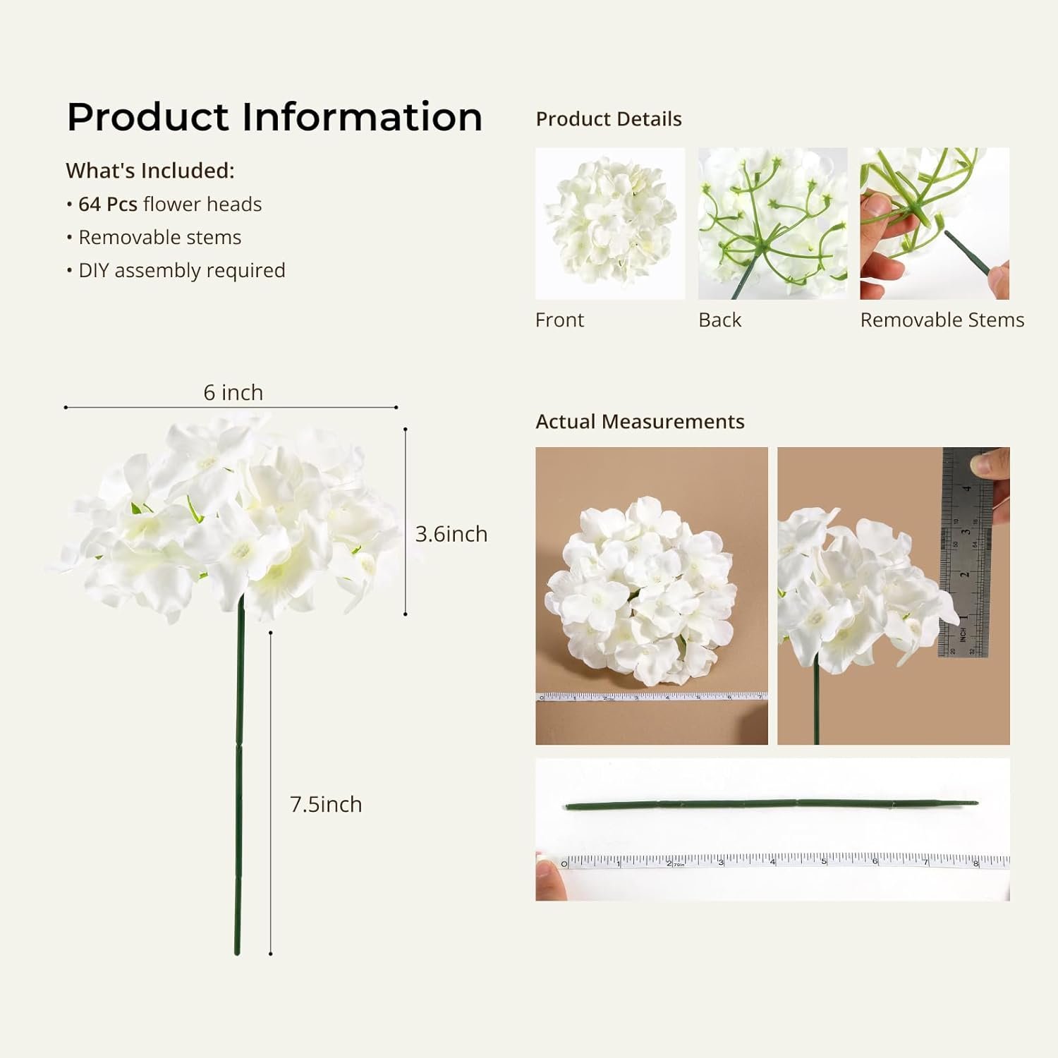 Wholesale 64 PCS Artificial Silk Hydrangea Flower Heads with Stems for Wedding Centerpieces Home Garden Baby Shower Party Decoration Ivory Supplier