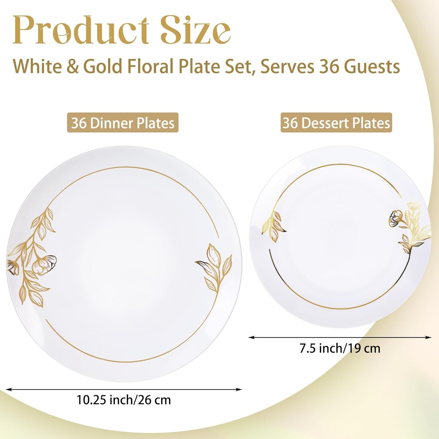 Wholesale 72 Pieces White and Gold Floral Plastic Plates Elegant Disposable Combo Set 36 Pcs 10.25 Inch Dinner Plates 36 Pcs 7.5 Inch Salad Plates Premium Party Tableware for Weddings Supplier