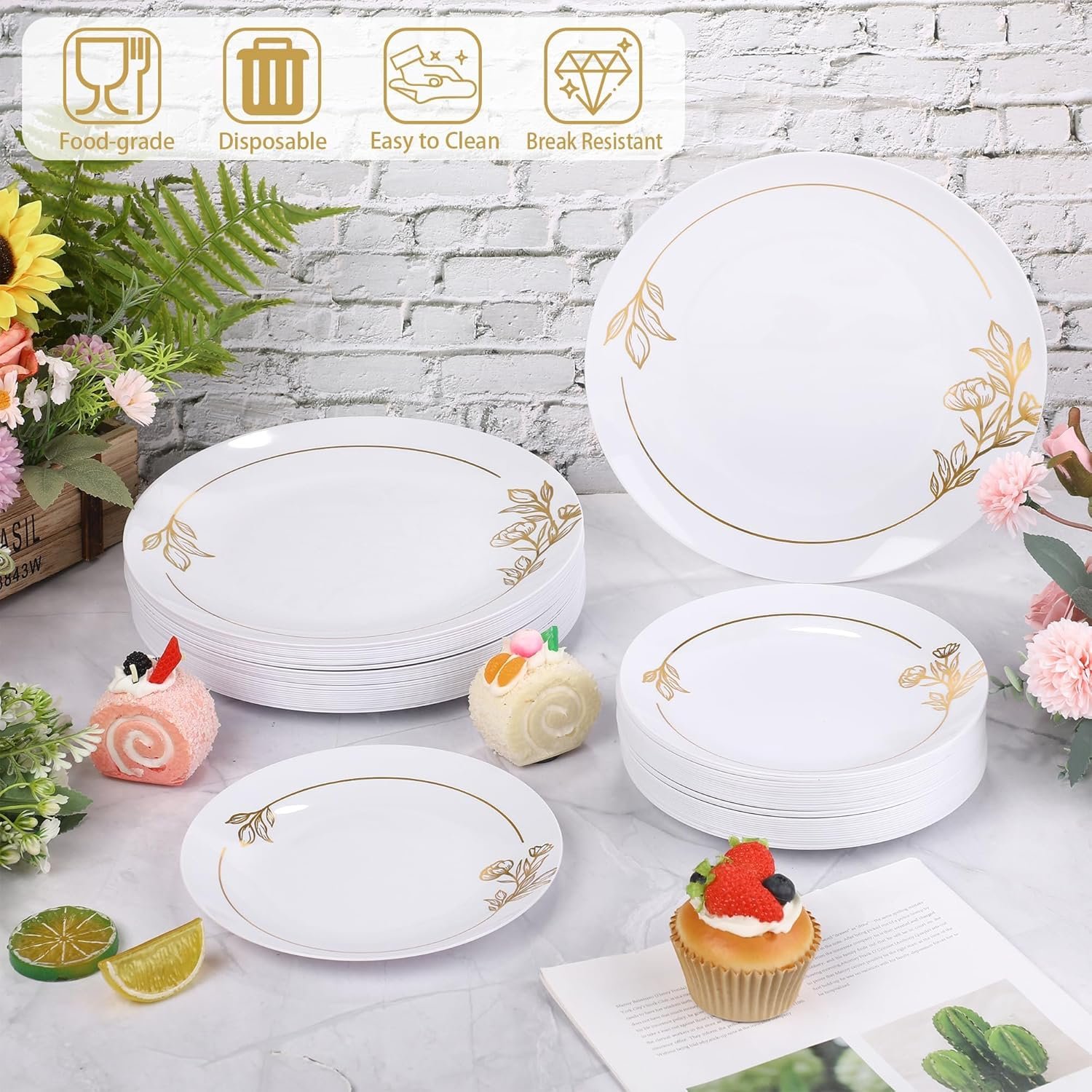 Wholesale 72 Pieces White and Gold Floral Plastic Plates Elegant Disposable Combo Set 36 Pcs 10.25 Inch Dinner Plates 36 Pcs 7.5 Inch Salad Plates Premium Party Tableware for Weddings Supplier