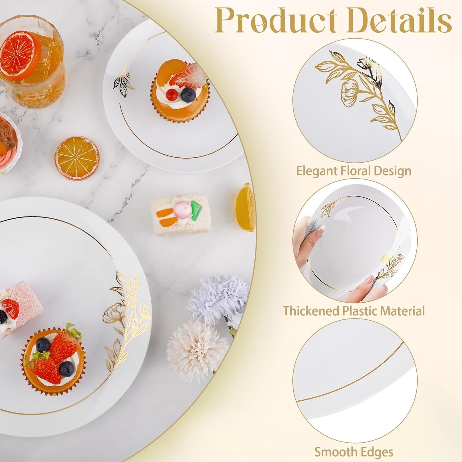 Wholesale 72 Pieces White and Gold Floral Plastic Plates Elegant Disposable Combo Set 36 Pcs 10.25 Inch Dinner Plates 36 Pcs 7.5 Inch Salad Plates Premium Party Tableware for Weddings Supplier