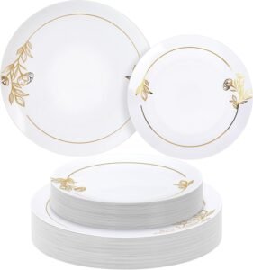 Kochorie 72 Pieces White and Gold Floral Plastic Plates Elegant Disposable Plates Combo Set Include 36 Pcs 10.25 Inch Dinner Plate and 36 Pcs 7.5 Inch Salad Plate Premium Party Tableware for Wedding