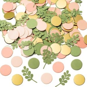 100 Pcs Pink Golden Sage Olive Green Party Table Confetti, Peach Blush Round Confetti, Table Decor for Wedding Bridal Shower Engagement Birthday Party Baby Shower