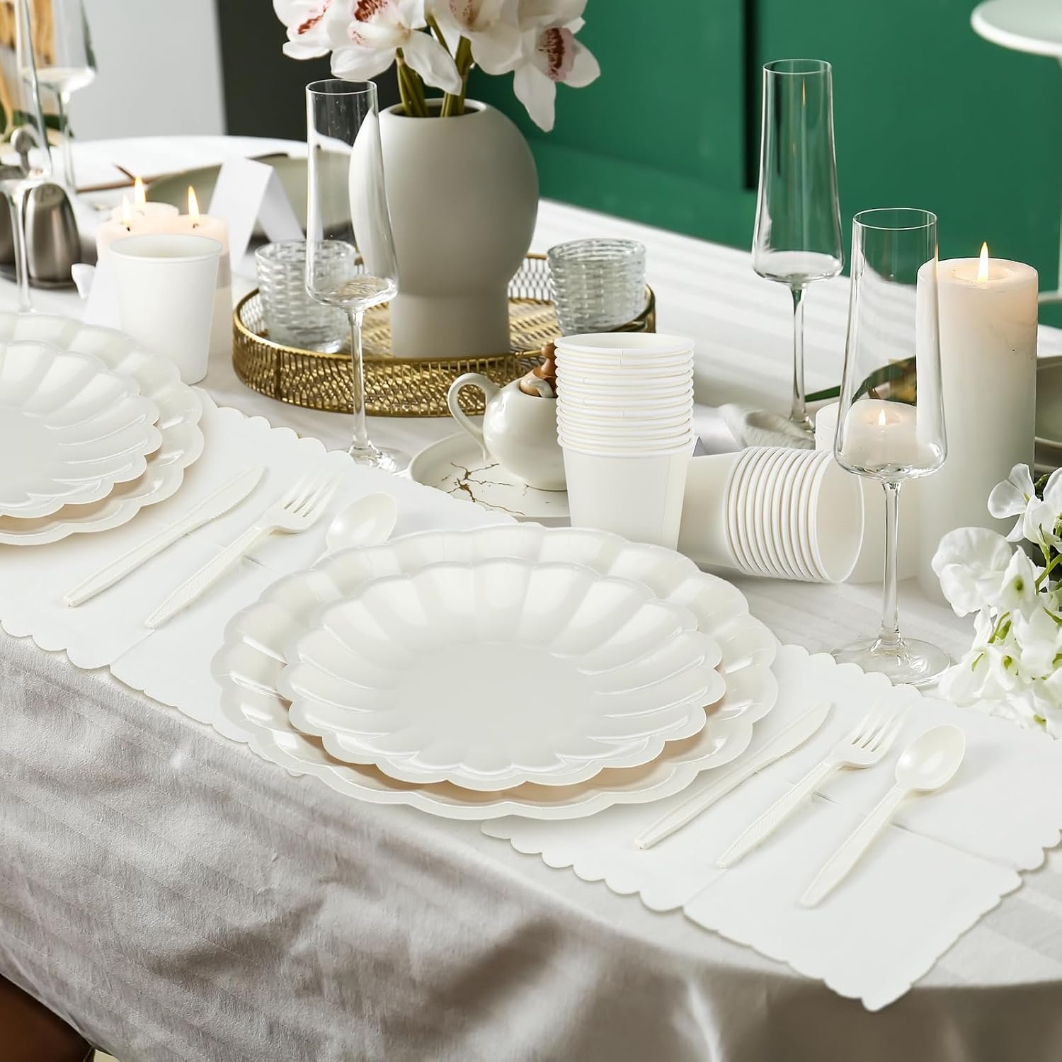 Wholesale 350 Pcs Cream White Scalloped Shell Edge Paper Plates Disposable Tableware Cocktail Napkins Cups Plastic Spoons Forks Knives for Wedding Baby Shower Picnic Birthday Party Supply for 50 Guests Supplier Wholesale 350 Pcs Cream White Scalloped Shell Edge Paper Plates Disposable Tableware Cocktail Napkins Cups Plastic Spoons Forks Knives for Wedding Baby Shower Picnic Birthday Party Supply for 50 Guests Supplier