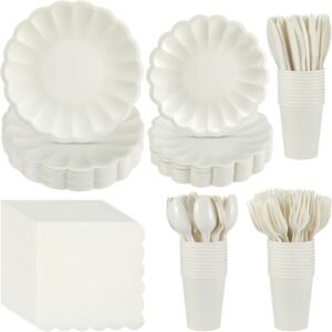 350 Pcs Cream White Scalloped Paper Plates Shell Edge Disposable Tableware Cocktail Napkins Cups Plastic Spoons Forks Knives for Wedding Baby Shower Picnic Birthday Party Supply for 50 Guests