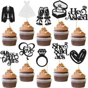 Gyufise 30Pcs She Said Yes Cupcake Toppers Glitter Diamond Ring I Do Love Cupcake Picks Miss to Mrs He Asked Bridal Shower Wedding Engagement Bachelorette Cake Decoration Black