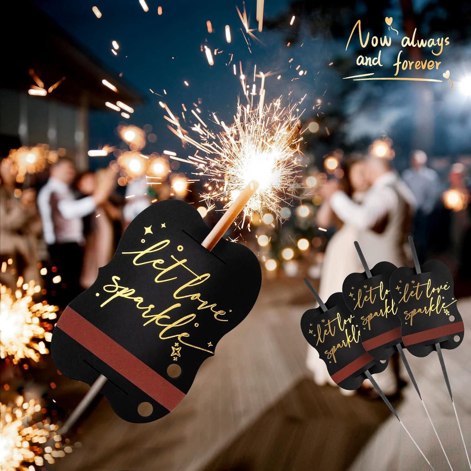 Wholesale 100 PCS “Let Love Sparkle” Gold Foil Stamped Wedding Send Off Tags Metallic Sparkle Stick Sleeves with Match Striker Strips for Anniversary Graduation Birthday Engagement Events Supplier