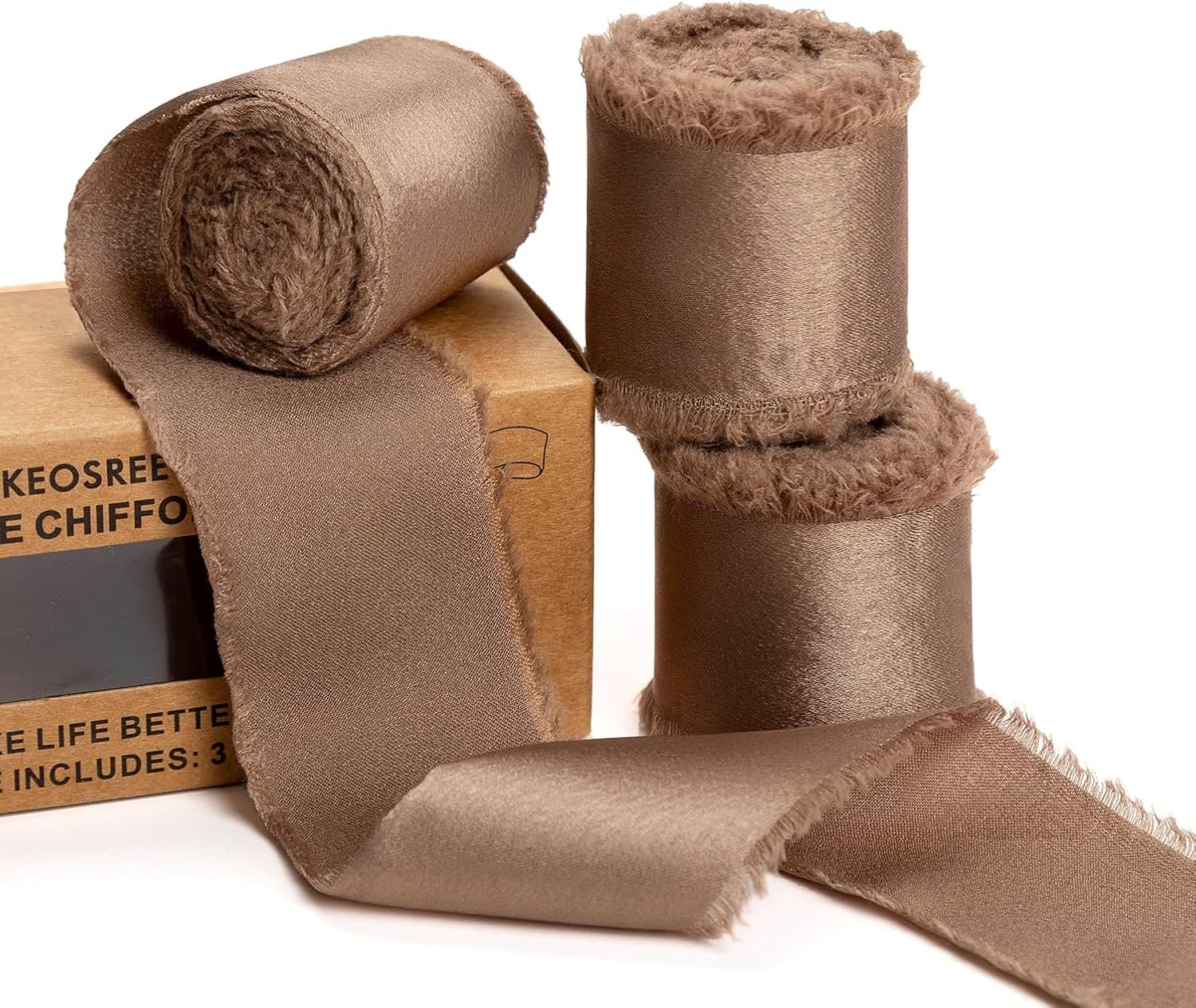 Brown Silk Satin Ribbon,Dark Champagne Frayed Silk Ribbon for Bridal Flower Bouquet Christmas Gift Wrapping Wedding Decor Invitations Decorations 1.5" x 15 Yards (5Yards X 3 Rolls)