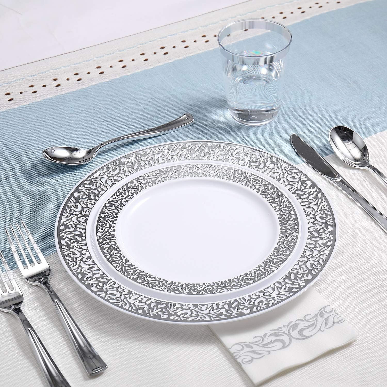 Wholesale 175 Ct Silver Dinnerware Set for 25 Guests Plastic Plates with Silver Lace Rim Design Including 25 Disposable Dinner Dessert Plates Cups Napkins Cutlery Supplier Wholesale 175 Ct Silver Dinnerware Set for 25 Guests Plastic Plates with Silver Lace Rim Design Including 25 Disposable Dinner Dessert Plates Cups Napkins Cutlery Supplier