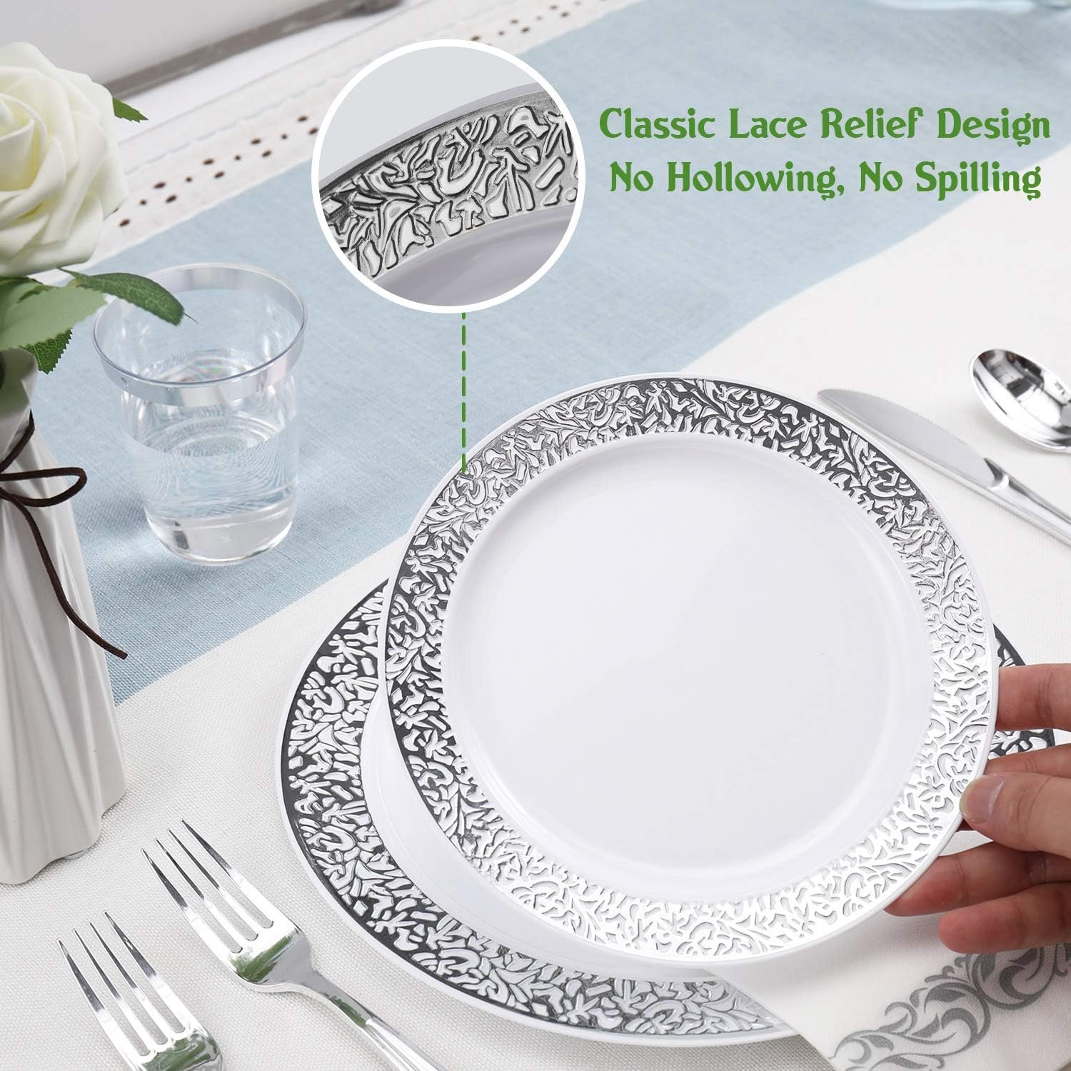 Wholesale 175 Ct Silver Dinnerware Set for 25 Guests Plastic Plates with Silver Lace Rim Design Including 25 Disposable Dinner Dessert Plates Cups Napkins Cutlery Supplier Wholesale 175 Ct Silver Dinnerware Set for 25 Guests Plastic Plates with Silver Lace Rim Design Including 25 Disposable Dinner Dessert Plates Cups Napkins Cutlery Supplier