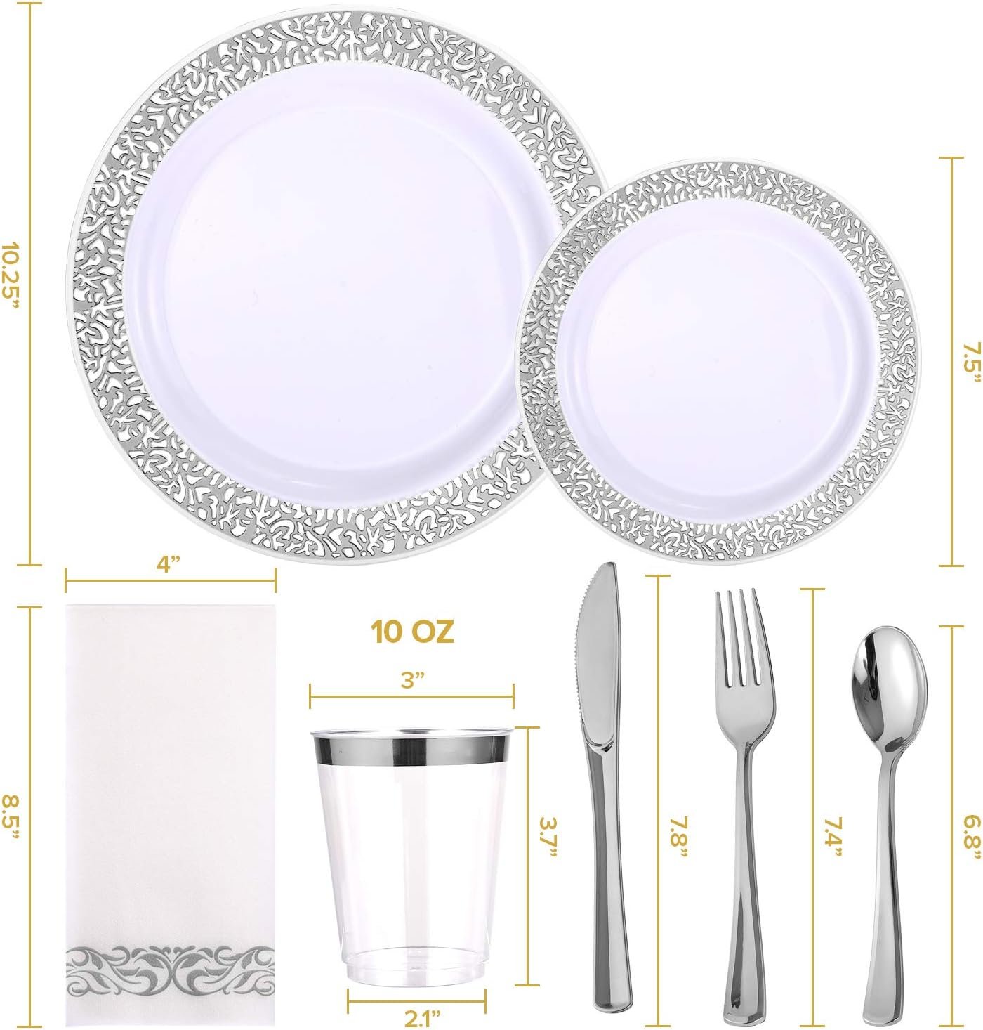 Wholesale 175 Ct Silver Dinnerware Set for 25 Guests Plastic Plates with Silver Lace Rim Design Including 25 Disposable Dinner Dessert Plates Cups Napkins Cutlery Supplier Wholesale 175 Ct Silver Dinnerware Set for 25 Guests Plastic Plates with Silver Lace Rim Design Including 25 Disposable Dinner Dessert Plates Cups Napkins Cutlery Supplier