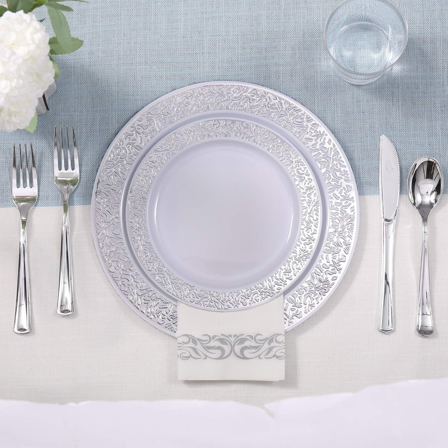 Wholesale 175 Ct Silver Dinnerware Set for 25 Guests Plastic Plates with Silver Lace Rim Design Including 25 Disposable Dinner Dessert Plates Cups Napkins Cutlery Supplier Wholesale 175 Ct Silver Dinnerware Set for 25 Guests Plastic Plates with Silver Lace Rim Design Including 25 Disposable Dinner Dessert Plates Cups Napkins Cutlery Supplier