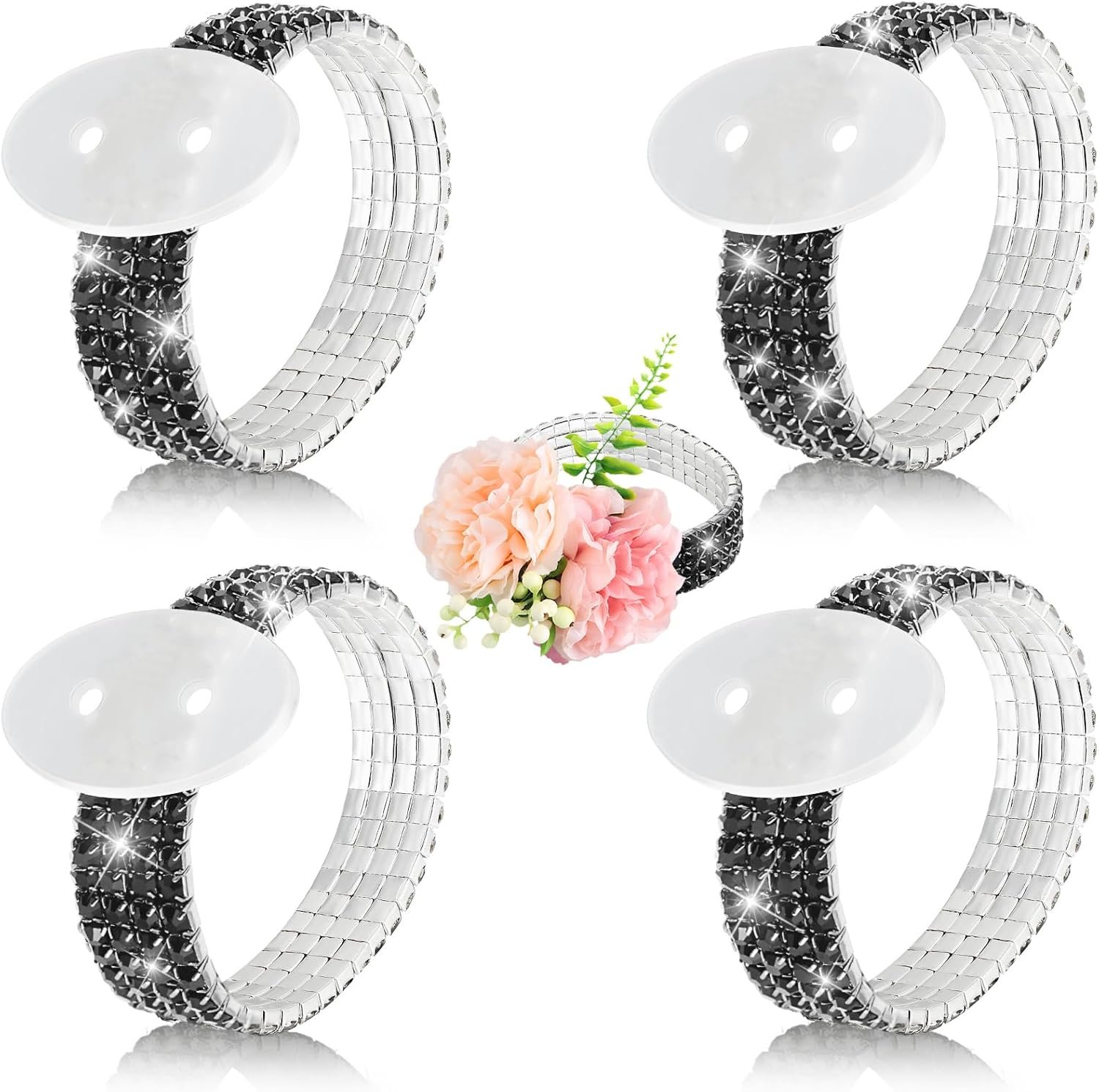 Bonuci 4 Pieces Corsage Wristlet Bands Rhinestone Bracelet Wristlets Stretch DIY Wedding Wristband Corsage Accessories Bracelets for Wedding Party Prom Bride Shower Party Anniversary
