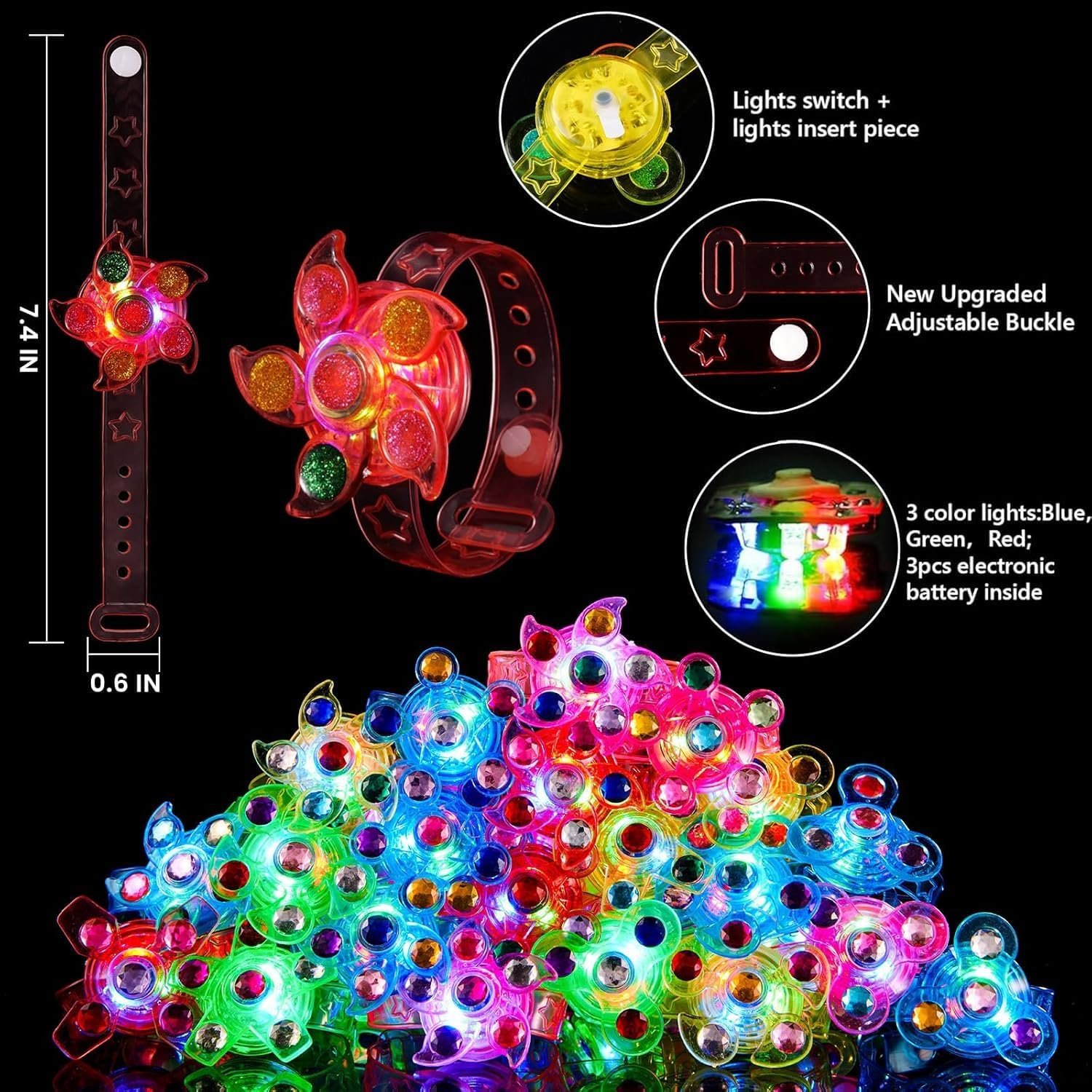 Wholesale 24 Pack LED Light Up Fidget Spinner Bracelets Glow in the Dark Party Favors for Kids Ages 4-8 8-12 Treasure Box Toys Birthday Gifts Carnival Prizes Easter Goodie Bag Stuffers Supplier