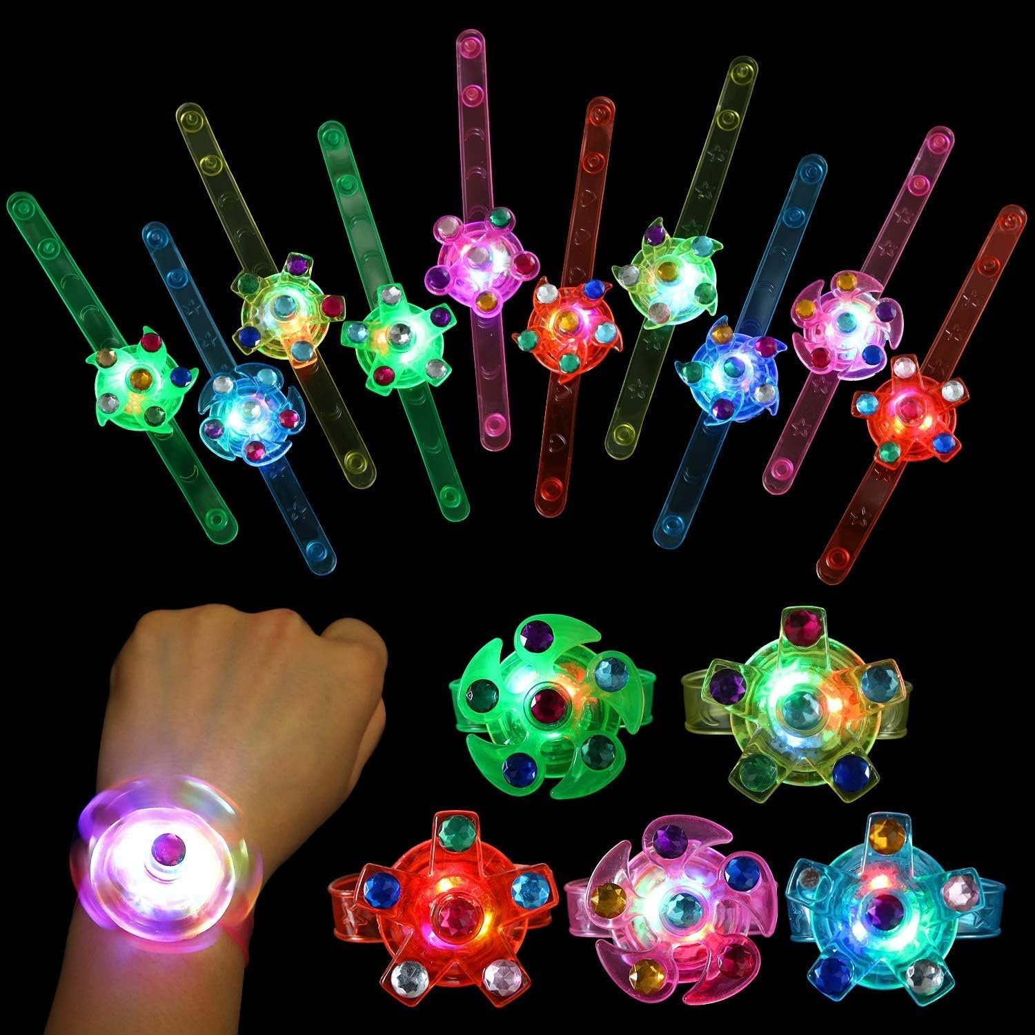 SCIONE 24 Pack LED Light Up Fidget Spinner Bracelets, Glow in The Dark Party Favors for Kids 4-8 8-12, Treasure Box Toys, Birthday Gifts, Carnival Prizes, Easter Goodie Bags Stuffers