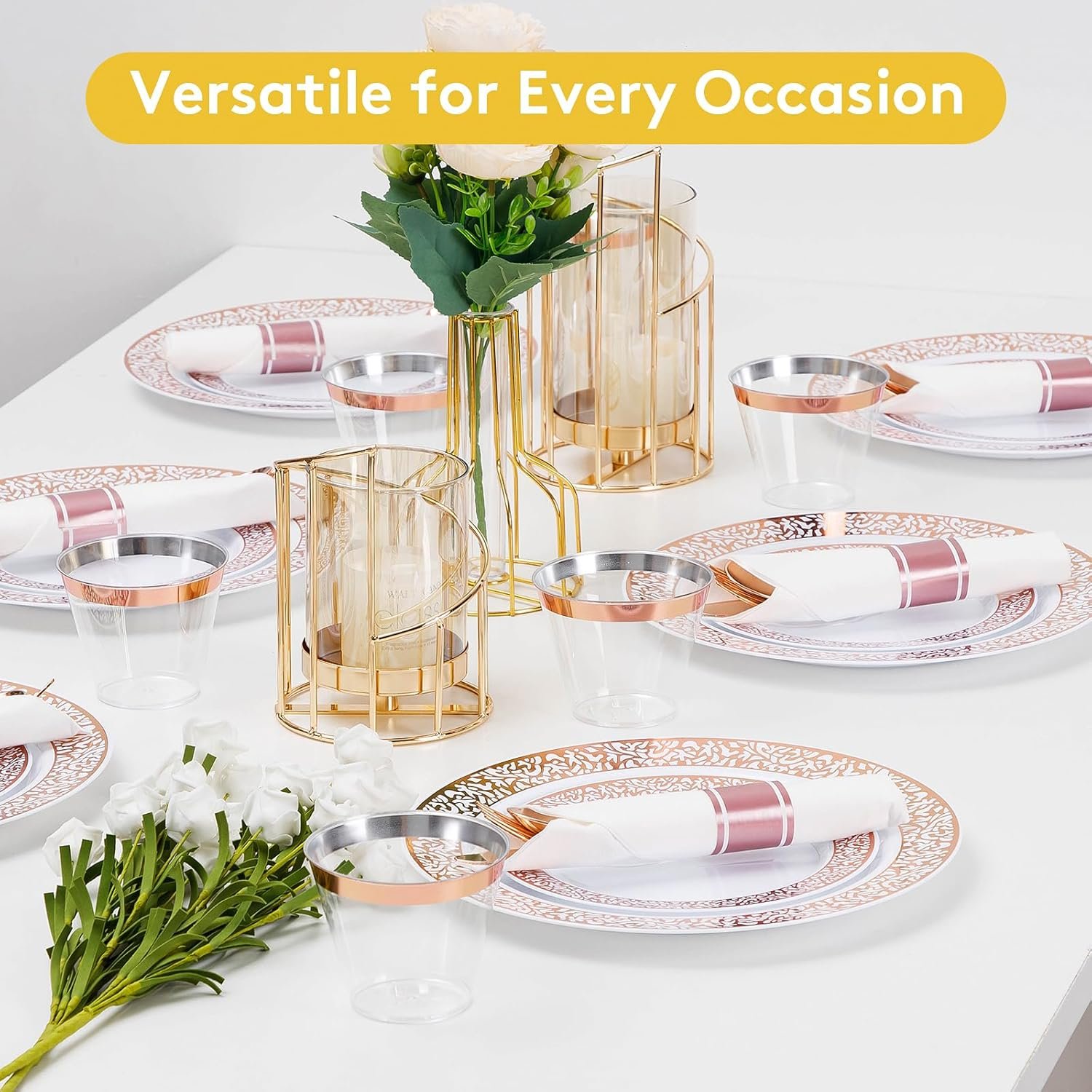 Wholesale 350 Piece Rose Gold Plastic Dinnerware Set for 50 Guests Disposable Lace Plates Include 50 Party Plates 50 Dessert Plates 50 Pre Napkins with Silverware 50 Cups Supplier
