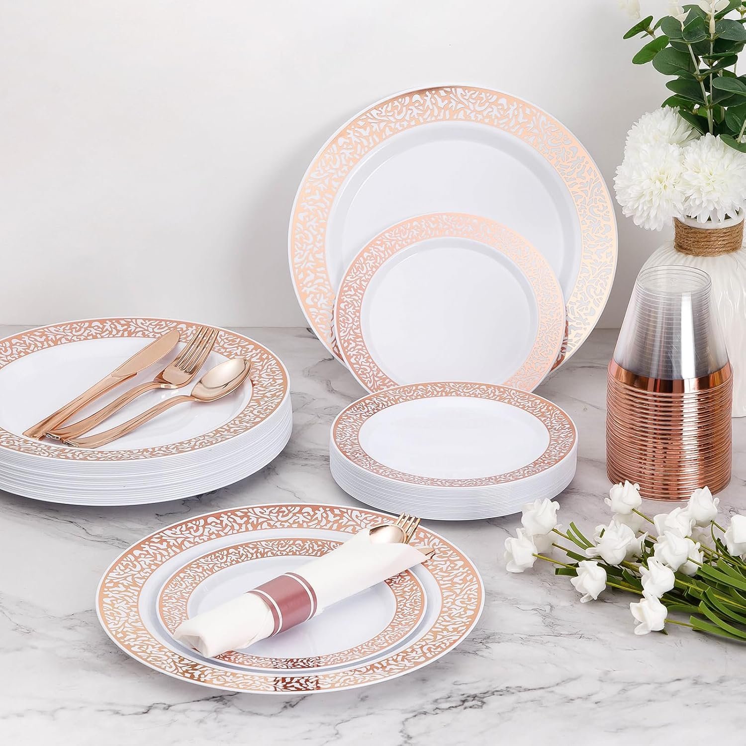 Wholesale 350 Piece Rose Gold Plastic Dinnerware Set for 50 Guests Disposable Lace Plates Include 50 Party Plates 50 Dessert Plates 50 Pre Napkins with Silverware 50 Cups Supplier