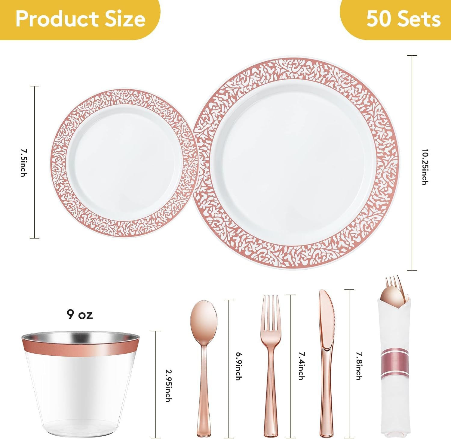 Wholesale 350 Piece Rose Gold Plastic Dinnerware Set for 50 Guests Disposable Lace Plates Include 50 Party Plates 50 Dessert Plates 50 Pre Napkins with Silverware 50 Cups Supplier