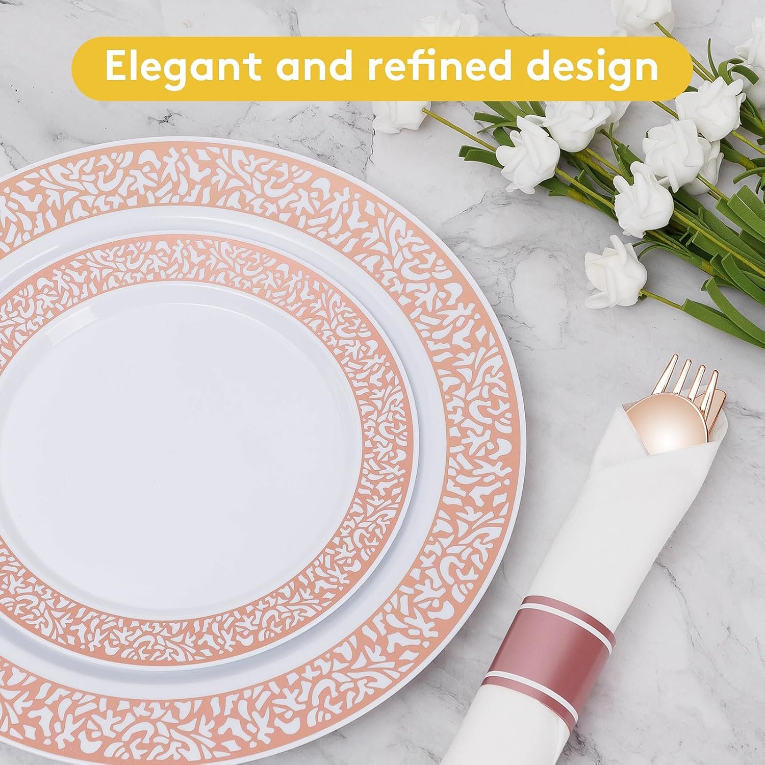 Wholesale 350 Piece Rose Gold Plastic Dinnerware Set for 50 Guests Disposable Lace Plates Include 50 Party Plates 50 Dessert Plates 50 Pre Napkins with Silverware 50 Cups Supplier