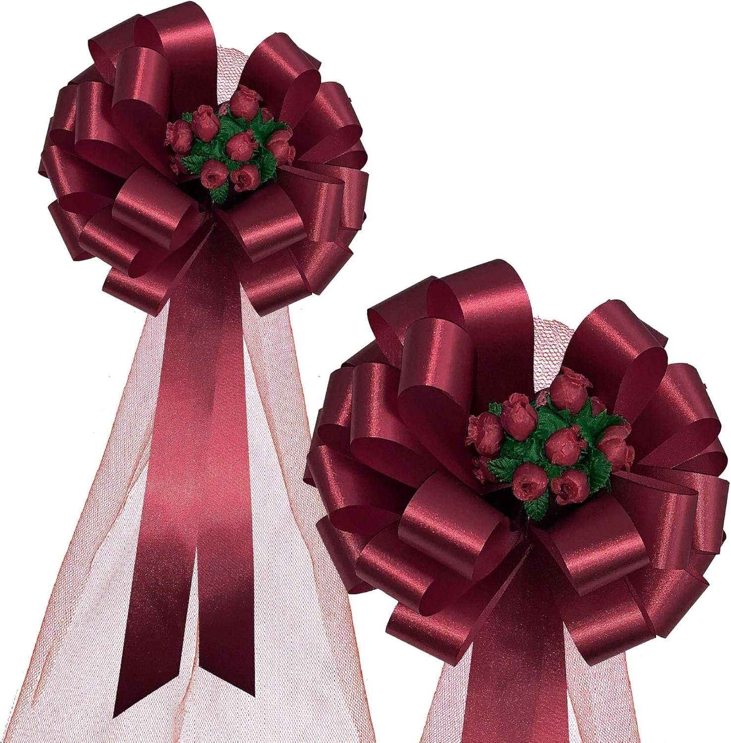 Burgundy Pull Bows with Tulle Tails & Rosebuds - 8" Wide, Set of 6, Wedding Pew Bows, Valentine's Day, Aisle Decoration, Reception, Anniversary, Christmas, Birthday, Fundraiser, School Dance, Fall