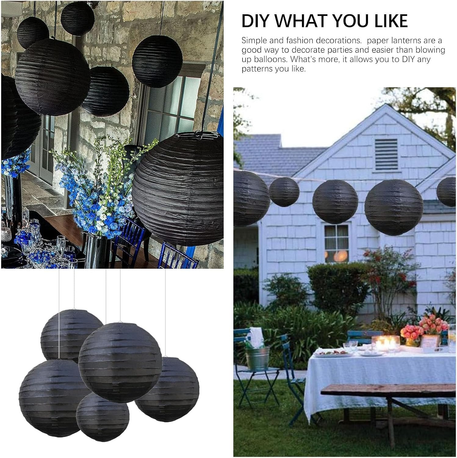 Wholesale 20Pcs Black Hanging Round Paper Lanterns 6” 8” 10” 12” for Birthday Wedding Halloween Christmas Home Party Decor Supplier