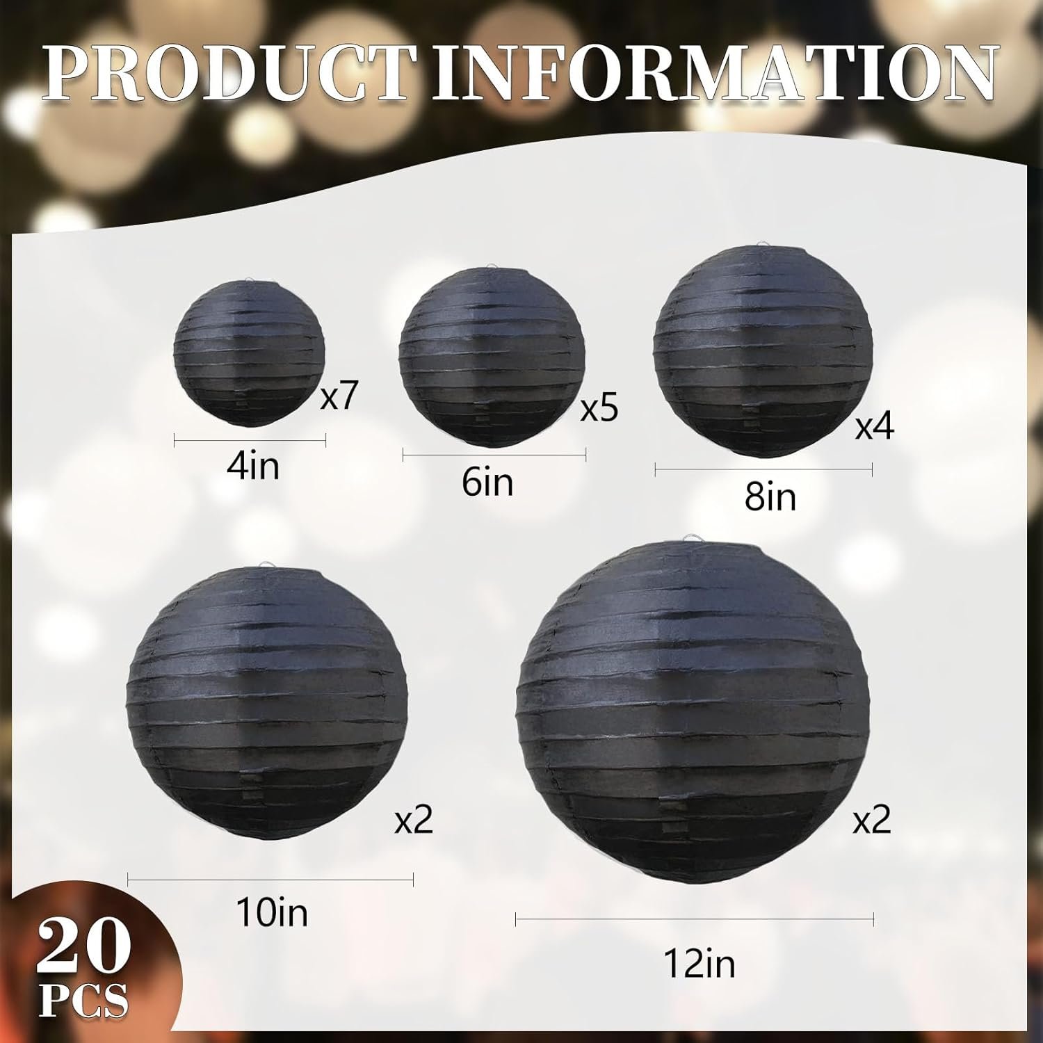Wholesale 20Pcs Black Hanging Round Paper Lanterns 6” 8” 10” 12” for Birthday Wedding Halloween Christmas Home Party Decor Supplier