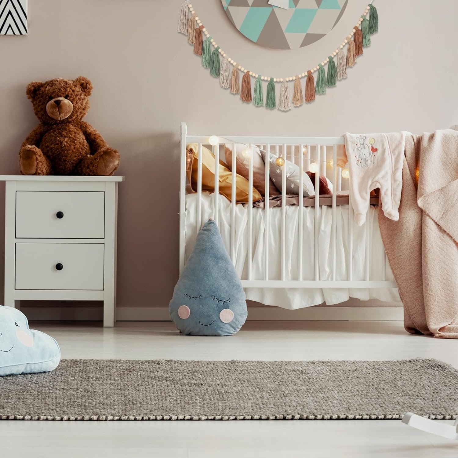 Wholesale Sage Green Brown Boho Yarn Wood Bead Tassel Garland Wall Hanging Neutral Earth Tone Woodland Banner for Nursery Classroom Birthday Party Kids Bedroom Baby Shower Supplier