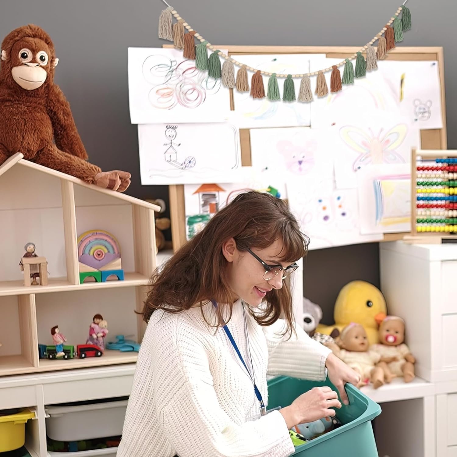 Wholesale Sage Green Brown Boho Yarn Wood Bead Tassel Garland Wall Hanging Neutral Earth Tone Woodland Banner for Nursery Classroom Birthday Party Kids Bedroom Baby Shower Supplier