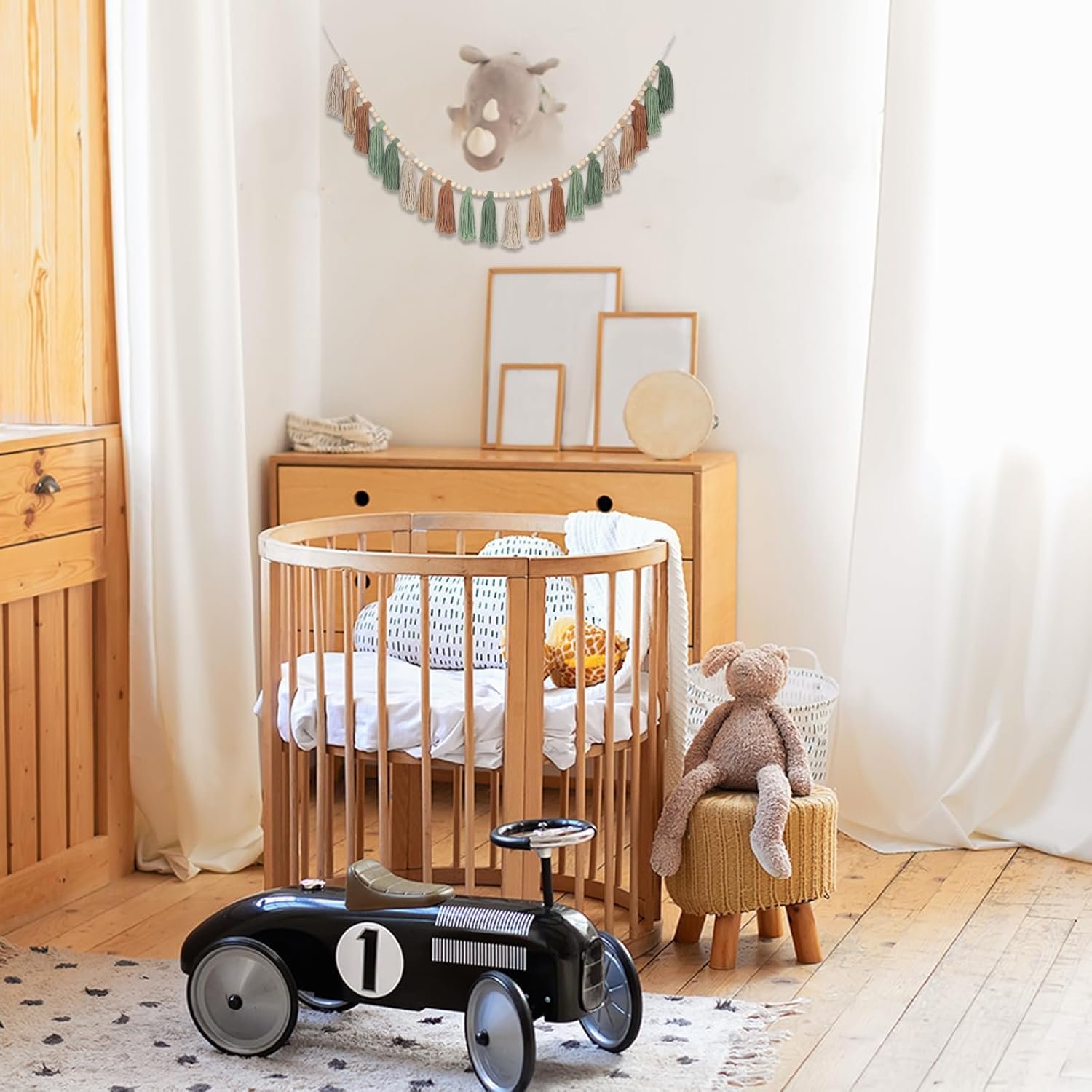 Wholesale Sage Green Brown Boho Yarn Wood Bead Tassel Garland Wall Hanging Neutral Earth Tone Woodland Banner for Nursery Classroom Birthday Party Kids Bedroom Baby Shower Supplier