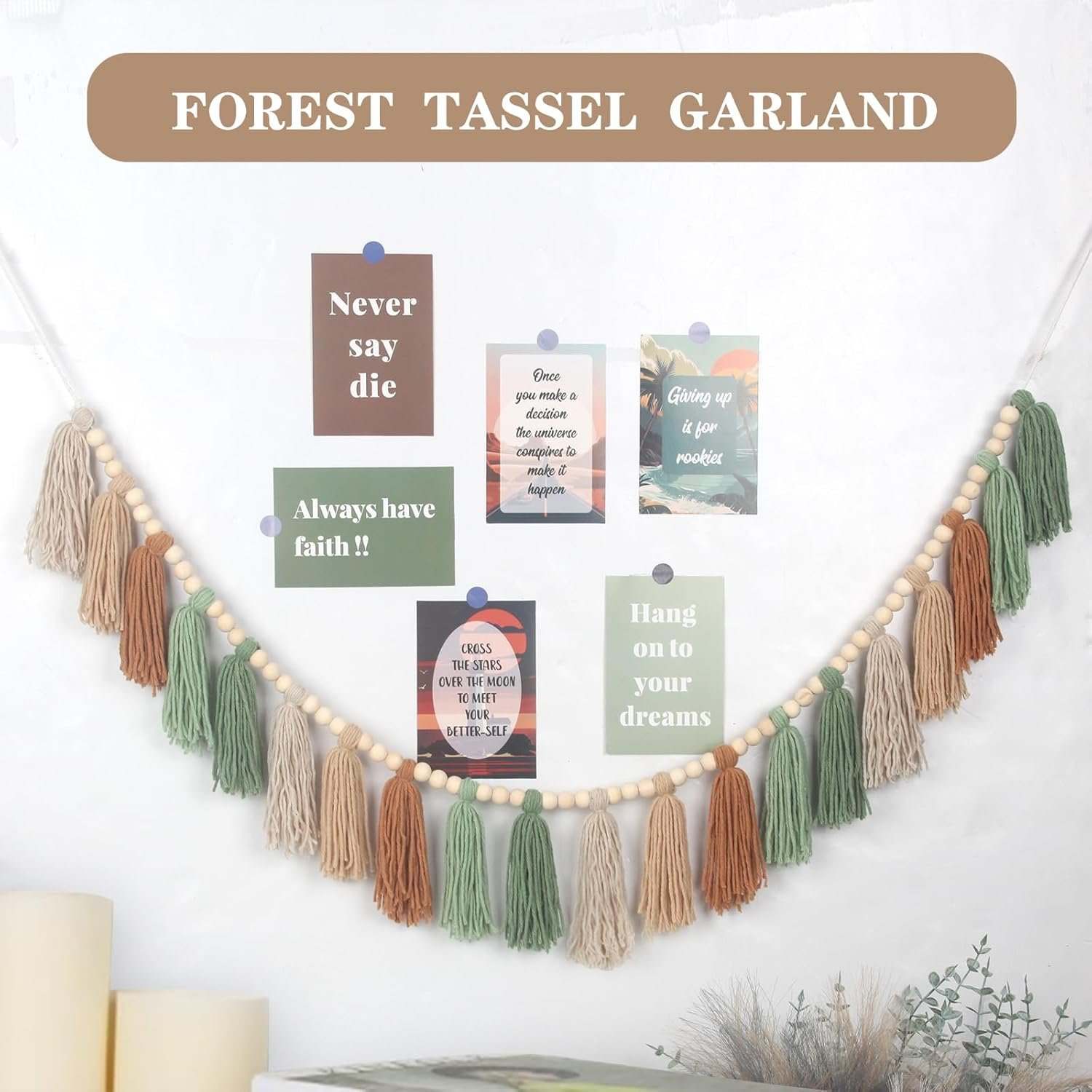 Wholesale Sage Green Brown Boho Yarn Wood Bead Tassel Garland Wall Hanging Neutral Earth Tone Woodland Banner for Nursery Classroom Birthday Party Kids Bedroom Baby Shower Supplier