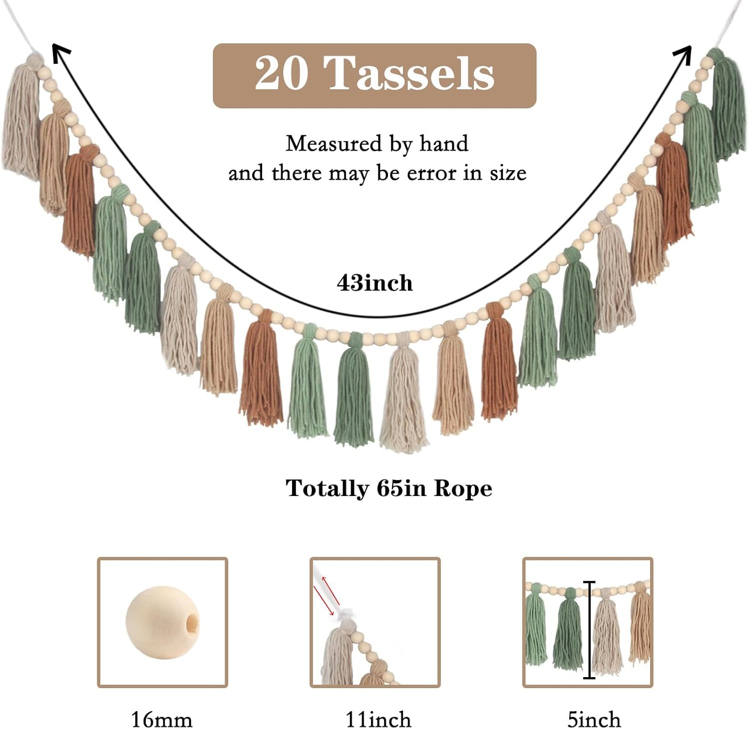 Wholesale Sage Green Brown Boho Yarn Wood Bead Tassel Garland Wall Hanging Neutral Earth Tone Woodland Banner for Nursery Classroom Birthday Party Kids Bedroom Baby Shower Supplier