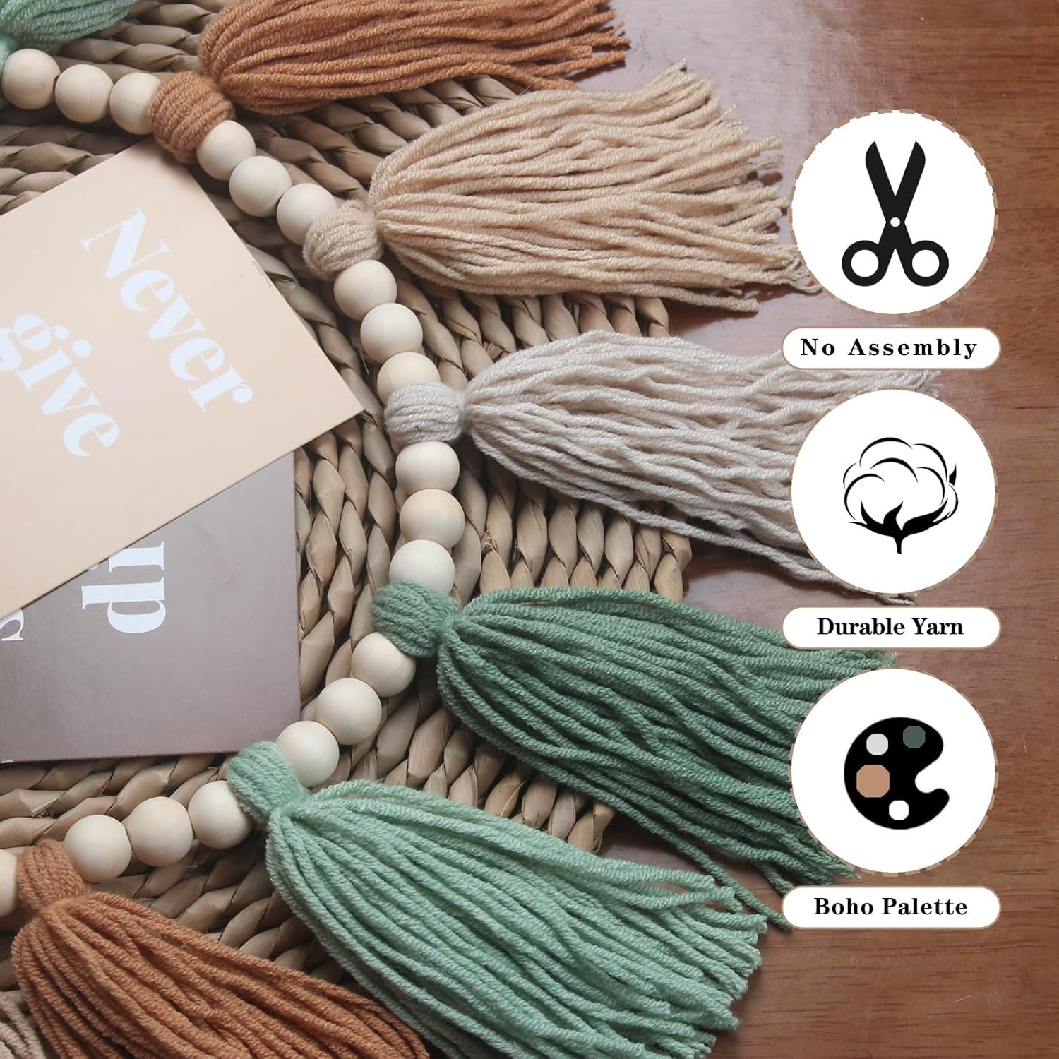 Wholesale Sage Green Brown Boho Yarn Wood Bead Tassel Garland Wall Hanging Neutral Earth Tone Woodland Banner for Nursery Classroom Birthday Party Kids Bedroom Baby Shower Supplier