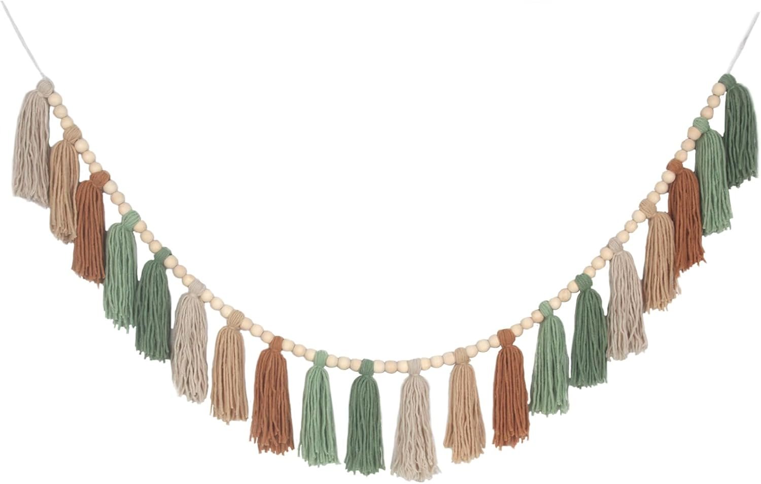 Sage Green Brown Boho Yarn Wood Bead Tassel Garland Wall Hanging Decor Neutral Earth Tone Woodland Banner Tassels for Nursery Classroom Birthday Party Kids Bedroom Baby Shower Decorations