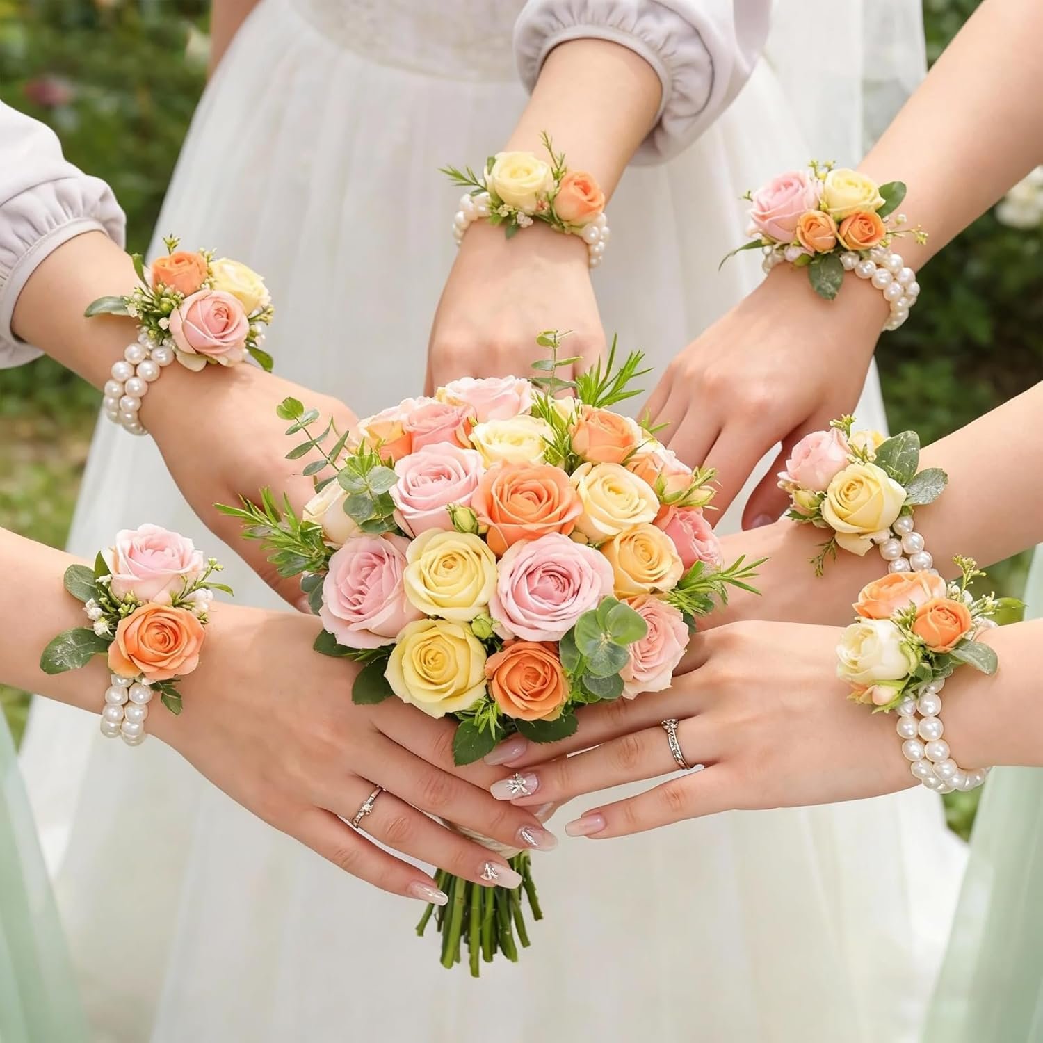 Wholesale 16 Pieces Elastic Stretch Pearl Adjustable Wrist Corsage Bracelets for Wedding Bridal Shower Graduation Party Flowers Supplier