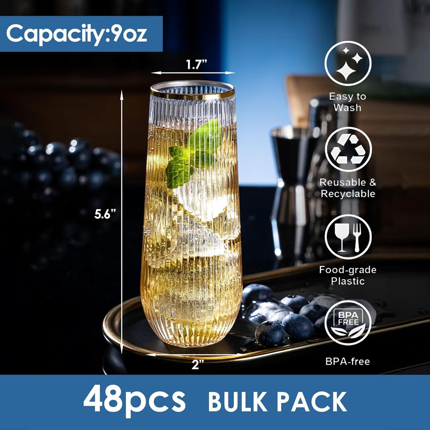 Wholesale 48 Pack 9oz Plastic Stemless Disposable Champagne Flutes Unbreakable Acrylic Origami Style Shatterproof Toasting Glasses for Weddings Parties Supplier