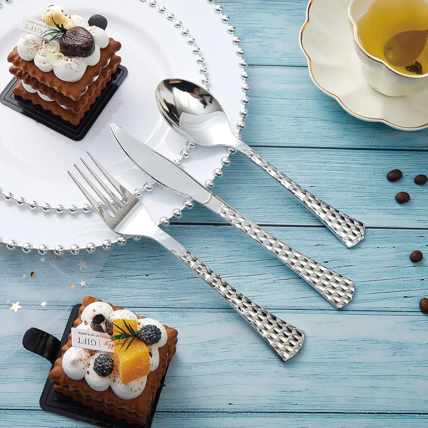 Wholesale 75PCS Fancy Disposable Dinnerware Party Set 15 Dinner Plates 15 Dessert Plates with Silver Bead Rim 15 Silver Spoons 15 Knives 15 Forks Plastic Silverware for Wedding Birthday Parties Supplier Wholesale 75PCS Fancy Disposable Dinnerware Party Set 15 Dinner Plates 15 Dessert Plates with Silver Bead Rim 15 Silver Spoons 15 Knives 15 Forks Plastic Silverware for Wedding Birthday Parties Supplier