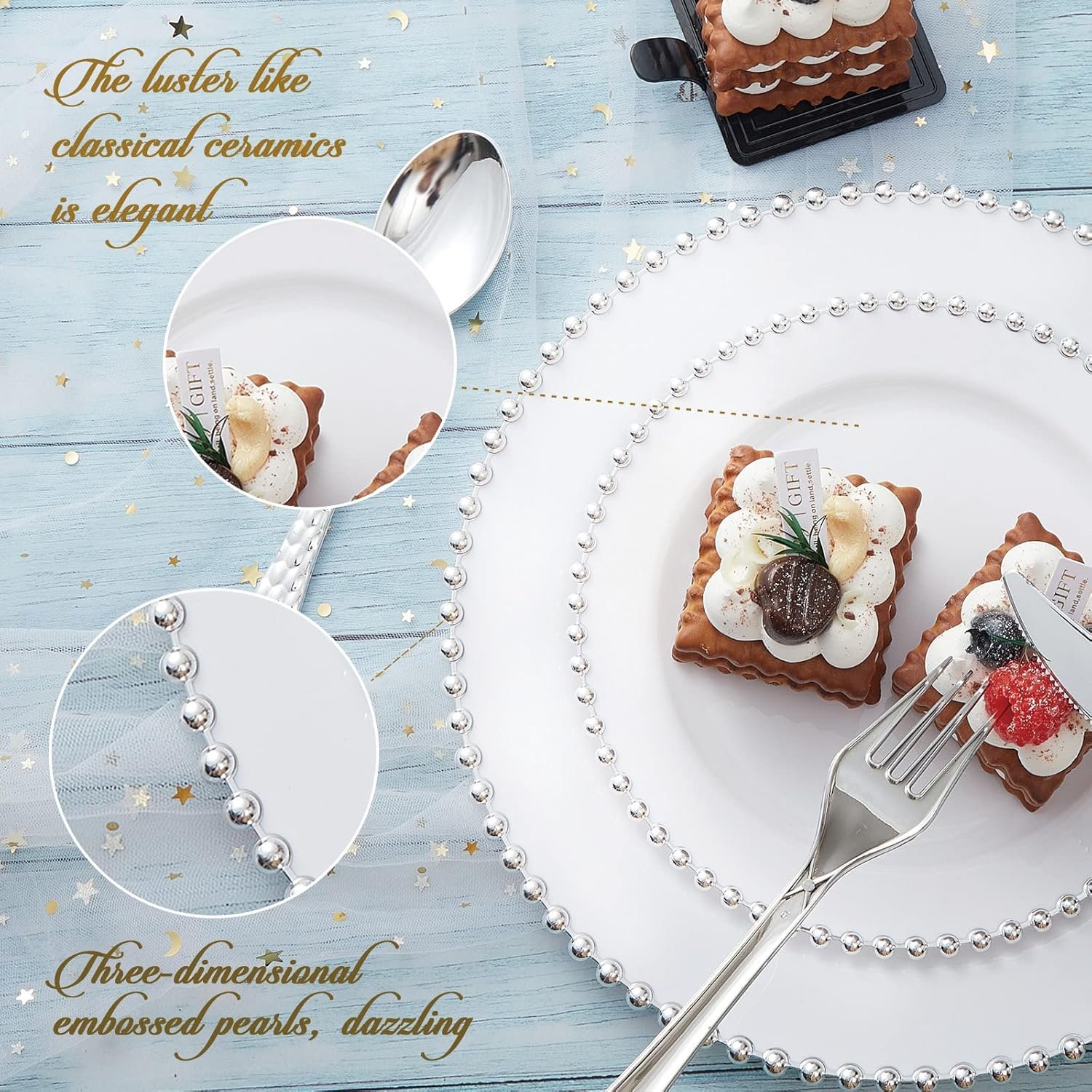 Wholesale 75PCS Fancy Disposable Dinnerware Party Set 15 Dinner Plates 15 Dessert Plates with Silver Bead Rim 15 Silver Spoons 15 Knives 15 Forks Plastic Silverware for Wedding Birthday Parties Supplier Wholesale 75PCS Fancy Disposable Dinnerware Party Set 15 Dinner Plates 15 Dessert Plates with Silver Bead Rim 15 Silver Spoons 15 Knives 15 Forks Plastic Silverware for Wedding Birthday Parties Supplier